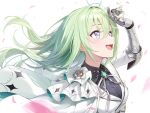 1girl black_shirt blue_eyes brooch collared_shirt commentary falling_petals gauntlets gem green_gem green_hair highres i.f.s.f jacket jewelry long_hair looking_up multicolored_eyes multicolored_hair neck_ribbon petals ribbon shirt simple_background solo stellive streaked_hair teeth untranslatable_commentary upper_body upper_teeth_only virtual_youtuber white_background white_hair white_jacket white_ribbon yuzuha_riko 