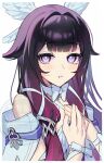  1girl absurdres bare_shoulders black_hair blunt_bangs bow closed_mouth columbina_(genshin_impact) dress fatui_coat genshin_impact hair_ornament hands_on_own_chest hands_up head_wings highres long_hair mt_gnsn multicolored_hair multiple_wings own_hands_together portrait purple_hair purple_streaks ribbon simple_background solo streaked_hair white_background white_dress white_wings wing_hair_ornament wings wrist_bow 
