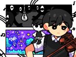  1girl 2boys arms_up ayam_bulan black_eyes black_hair black_shoes black_sweater_vest blush bow_(music) bright_pupils brother_and_sister chibi closed_mouth collared_shirt colored_skin commentary double-parted_bangs dual_persona expressionless hair_between_eyes highres holding holding_bow_(music) holding_instrument holding_violin instrument light_bulb long_hair looking_at_another male_focus mari_(headspace)_(omori) mari_(omori) mini_person miniboy multiple_boys musical_note musical_staff neckerchief omori omori_(omori) picnic_basket playing_violin pleated_skirt purple_hair purple_sweater_vest red_neckerchief red_skirt shirt shoes short_sleeves siblings skirt smile something_(omori) sunny_(omori) sweater_vest tree untranslatable_commentary violin white_pupils white_shirt white_skin 