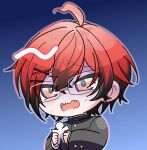  1boy ahoge bespectacled blue_background buttons chibi chibi_only commentary corpse_party cosplay fang gakuran glasses hair_ornament hairclip highres holostars holostars_english kisaragi_academy_school_uniform long_sleeves machina_x_flayon male_focus morishige_sakutarou morishige_sakutarou_(cosplay) nyokkiiiiin open_mouth orange_eyes outline red_hair scared school_uniform shaded_face short_hair solo sweat upper_body virtual_youtuber wavy_mouth x_hair_ornament 