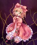  1girl amputee blonde_hair blood blood_from_mouth bloomers body_horror bow cracked_skin double_amputee dress flower frilled_dress frills full_body green_eyes hair_bow hinaichigo lolita_fashion looking_at_viewer open_mouth pink_dress plant red_flower red_rose ringlets rose rozen_maiden short_hair solo vines white_bloomers yuyuzuki_(yume_usagi) 