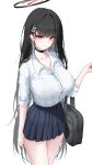  1girl alternate_costume bag black_bag black_choker black_hair black_nails black_skirt blue_archive bra_visible_through_clothes breasts choker closed_mouth collared_shirt commentary_request hair_behind_ear halo highres holding holding_bag large_breasts long_hair looking_at_viewer miho_(user7939139) miniskirt pleated_skirt red_eyes red_halo rio_(blue_archive) shirt skirt sleeves_rolled_up solo white_shirt 