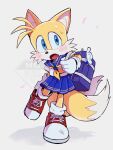  1boy :o alternate_costume animal_ears animal_nose antenna_hair bag bag_charm blue_bag blue_eyes blue_sailor_collar blue_skirt blush cameo character_charm charm_(object) cinnamoroll commentary crossdressing crossdressing_(mtf) fox_boy fox_ears fox_tail furry furry_male fuwa_fuwa_cinnamoroll gloves highres looking_at_viewer male_focus misuta710 multiple_tails neckerchief open_mouth red_shoes sailor_collar sanrio school_uniform serafuku shirt shoes simple_background skirt sneakers solo sonic_(series) sonic_the_hedgehog standing standing_on_one_leg sweatdrop tail tails_(sonic) two_tails untranslatable_commentary watermark white_background white_gloves white_shirt yellow_neckerchief 