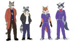  16:9 anthro black_nose brown_body brown_fur brown_nose canid canine clothed clothing cougar facial_scar felid feline felix_(space_pawdessey) female fluffy fluffy_tail fox fredryk_phox fully_clothed fur grey_body grey_fur group hand_on_hip hands_in_pockets jumpsuit lex_(space_pawdessey) male mammal multicolored_body multicolored_fur pockets procyonid raccoon red_body red_fur rowan_(space_pawdessey) scar simple_background size_difference space_pawdessey toby_(space_pawdessey) widescreen 