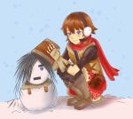  15hachimitsu 1boy black_hairband blue_eyes boots brown_boots brown_gloves brown_vest bucket button_eyes buttons character_snowman closed_mouth earmuffs english_commentary fingerless_gloves full_body gloves hairband highres holding holding_bucket kross_(rune_factory) male_focus raguna red_scarf rune_factory rune_factory_frontier scarf smile snow snowflakes snowman split_mouth squatting vest 