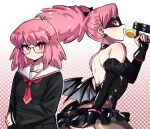  1girl absurdres backless_outfit bare_shoulders bat_wings black_choker black_gloves black_leotard black_mask black_shirt black_skirt boku_no_hero_academia boots bow breasts bright_pupils choker closed_mouth commentary domino_mask dual_persona earrings edgj332207 elbow_gloves english_commentary eye_mask fingerless_gloves fluffy_hair gloves gradient_background grey_pantyhose halftone haneyama_kazuho highleg highleg_leotard highres holding holding_microphone jewelry leotard light_blush long_sleeves looking_at_viewer low_wings mask medium_breasts medium_hair microphone microskirt mini_wings multiple_views necktie open_mouth pantyhose pink_hair pink_trim pleated_skirt red_background red_eyes red_necktie sailor_collar school_uniform serafuku shirt signature skirt sleeveless smile sphere_earrings twintails vigilante_-boku_no_hero_academia:_illegals- white_background white_pupils white_sailor_collar wings 