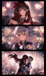  2girls absurdres aerial_fireworks artist_request backlighting beret black_border black_hair black_hat black_shirt border chinese_commentary closed_eyes closed_mouth commentary_request commission fireworks floating_hair flower gradient_hair hair_flower hair_ornament hat highres hug kiss long_hair long_sleeves looking_at_viewer mahou_shoujo_no_majo_saiban multicolored_hair multiple_girls multiple_views necktie night nikaido_hiro outdoors pink_eyes pink_hair profile red_eyes red_flower red_necktie sakuraba_ema second-party_source shirt short_hair sky smile standing white_hair x_hair_ornament yuri 