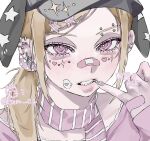  1girl aegyo_sal bandaid bandaid_on_face bandaid_on_hand bandaid_on_nose biting_own_finger blonde_hair caru_c1 colored_eyelashes commentary ear_piercing eyebrow_piercing face_piercing fingernails grey_hat hat heart highres long_hair nail_art original parted_lips piercing pink_eyes pink_scarf ponytail portrait scarf sharp_fingernails side_ponytail simple_background solo spoken_heart sticker sticker_on_face striped_clothes striped_scarf teeth twitter_username untranslatable_commentary white_background 