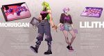  2girls absurdres alternate_costume arcade_stick bag baggy_pants belt belt_buckle black_choker black_leotard black_shirt book boots bracelet breasts buckle casual character_name character_profile choker combat_boots controller crop_top darkstalkers denim denim_shorts english_text fashion fingernails fishnet_pantyhose fishnets game_console game_controller green_eyes green_hair green_lips green_nails handbag height_difference highres holding holding_hands jeans jewelry joystick large_breasts leotard leverless_arcade_stick lilith_(darkstalkers) lipstick long_fingernails long_hair makeup morrigan_aensland multicolored_hair multiple_girls muscular muscular_female nail_polish necklace pants pantyhose pink_hair purple_hair renatoramos_ink scar sharp_fingernails shirt shoes short_hair shorts smile sneakers tall_female teeth torn_clothes torn_jeans torn_pants 