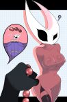 2026 2_horns animated arthopod beads black_body black_eyes blush blush_lines breast_grab breasts clothed clothing empty_eyes exclamation_point female fingers hand_on_breast heart_symbol hollow_knight_(franchise) horn hornet_(hollow_knight) nipple_outline prayer_beads question_mark rosary solo standing team_cherry throbo