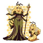  2026 2girls abdomen_tail antennae arthropod_girl artist_name bee bee_girl bee_wings black_dress black_gloves black_sclera blonde_hair breasts bug colored_sclera colored_skin commentary covering_breasts covering_privates crown dress english_commentary extra_arms full_body gloves highres holding holding_staff honeycomb_(pattern) honeycomb_background insect_wings jewelry large_breasts long_dress long_hair mismatched_eyebrows multiple_girls necklace nude original pixel_art seiza sitting solo staff stinger thighhighs thisislux white_eyes wings yellow_skin 