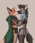 2025 anthro armor blush bottomwear canid canine cape clothed clothing digital_media_(artwork) duo fantasy fox fur habiyeru hair hyena kissing legwear loincloth male male/male mammal markings orange_body orange_fur pants simple_background spots spotted_body spotted_fur spotted_hyena tail thigh_highs