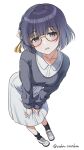  1girl bespectacled black_socks blush collarbone commentary_request cropped_sweater dress empty_eyes flower full_body gakuen_idolmaster glasses grey_eyes grey_sweater hair_flower hair_ornament hands_on_own_knees hataya_misuzu highres idolmaster leaning_forward long_sleeves looking_at_viewer mole mole_under_mouth open_mouth osoba_susurukun purple_hair shoes short_hair simple_background sneakers socks solo standing sweater tassel tassel_hair_ornament twitter_username white_background white_dress yellow-framed_eyewear 