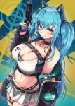  1girl absurdres animal_ears barcode barcode_tattoo bare_shoulders black_choker blue_eyes blue_nails breasts choker cleavage collarbone crop_top facial_hair fang gun hair_between_eyes hair_ornament hairclip hand_up highres holding holding_gun holding_weapon holster indie_virtual_youtuber jacket jacket_partially_removed kaiju_ryoku large_breasts long_hair looking_at_viewer midriff miniskirt nail_polish navel off_shoulder open_clothes open_jacket panty_straps sakuraba_channel skin_fang skirt smile stomach tattoo thigh_holster thighs virtual_youtuber weapon x_hair_ornament yadoli_lina 