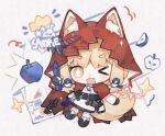  >_o +_+ ;3 ;d animal_ear_fluff arknights arknights:_endfield blonde_hair blue_apple blush cape chibi chibi_only chinese_commentary commentary_request crayon dress ears_through_headwear holding holding_crayon hood hooded_cape one_eye_closed open_mouth red_cape rossi_(arknights) smile thick_eyebrows white_dress yoko_ye 