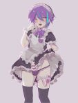  1boy apron aqua_streaks asymmetrical_hair bar_censor black_dress black_panties black_thighhighs blush bow bowtie censored character_name clothes_lift commentary_request crossdressing crossdressing_(mtf) dress dress_lift drooling erection feet_out_of_frame frilled_apron frilled_dress frilled_sleeves frilled_thigh_strap frills grey_background groin hand_up heart heart-shaped_pupils highres kamishiro_rui lifting_own_clothes maid maid_apron maid_headdress male_focus male_maid multicolored_hair name_tag nemo_(pien_dd) open_mouth panties penis penis_in_panties penis_ribbon precum project_sekai puffy_short_sleeves puffy_sleeves purple_bow purple_bowtie purple_hair purple_ribbon raised_inner_eyebrows remote_control_vibrator ribbon sex_toy short_hair short_sleeves simple_background solo streaked_hair sweat symbol-shaped_pupils thigh_strap thighhighs tongue tongue_out underwear vibrator vibrator_in_thigh_strap white_apron wrist_cuffs yellow_eyes 