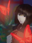  1girl amakura_mayu black_shirt blurry blurry_background bob_cut breasts brown_camisole brown_eyes brown_hair bug bush butterfly camisole camisole_over_clothes closed_mouth commentary fatal_frame fatal_frame_ii:_crimson_butterfly from_side hand_on_own_chest hand_up highres light_particles looking_at_viewer looking_to_the_side medium_breasts night outdoors red_butterfly red_ribbon ribbon shirt short_hair short_sleeves solo untranslatable_commentary upper_body yukiame 