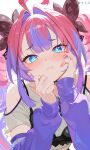  1girl absurdres ahoge arm_warmers black_bow black_bra black_choker blue_eyes blush bow bra bright_pupils choker cyatsj fingernails hair_bow hair_intakes hand_on_own_cheek hand_on_own_face head_on_hands head_rest highres hololive kikirara_vivi kikirara_vivi_(1st_costume) long_hair looking_at_viewer multicolored_eyes multicolored_hair pink_hair pink_nails purple_arm_warmers purple_eyes purple_streaks shirt sidelocks simple_background solo star-shaped_pupils star_(symbol) streaked_hair symbol-shaped_pupils twintails twitter_username underwear upper_body very_long_hair virtual_youtuber white_background white_shirt 