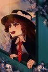  2girls :d black_capelet black_hat black_skirt blonde_hair blush bow brown_eyes brown_hair capelet chinese_commentary closed_mouth collared_dress collared_shirt commentary_request contrast_collar dress fang flower flower_request hair_between_eyes hand_on_window hand_rest hat hat_bow highres long_hair maribel_hearn mob_cap multiple_girls necktie open_mouth purple_dress purple_eyes red_necktie shirt sidelocks skirt smile touhou usami_renko user_ynsy3544 white_bow white_hat white_shirt window 