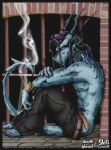  2007 amuthalexiel anthro belt blue_body bottomwear cigarette clothed clothing collaboration dragon eyewear hair horn long_hair male nipples pants plantigrade scalie sitting skifi smoking solo spikes sunglasses topless 
