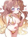  1girl absurdres anya_melfissa astra_5698 bikini blonde_hair breasts brown_hair commentary_request gold_bikini golden_week highres hololive hololive_indonesia long_hair looking_at_viewer micro_bikini multicolored_hair navel purple_eyes shiny_swimsuit smile solo streaked_hair swimsuit virtual_youtuber 