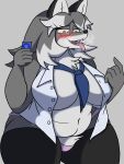  3:4 big_breasts blush breasts canid canine canis clothed clothing condom eyewear female fur glasses hair hi_res huge_breasts legwear lion_granny mammal mature_female necktie open_mouth sexual_barrier_device shirt slightly_chubby smile solo stockings topwear wolf 