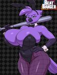 2026 3:4 4_fingers absurd_res anthro avian beak beat_banger big_breasts bird black_background black_bow_tie black_clothing black_suit blush bottomwear bow_tie breasts bunfan_games bunny_costume checkered checkered_background cleavage clothed clothed_anthro clothed_female clothing costume curvy_figure digital_media_(artwork) eyebrows eyelashes fake_ears fake_rabbit_ears feathers female female_anthro fingers fishnet_bottomwear fishnet_clothing fishnet_legwear freckled_face freckles front_view green_eyes grey_background hair half-closed_eyes hand_on_hip hand_on_own_hip hi_res holding_baseball_bat holding_melee_weapon holding_object holding_weapon huge_breasts legwear lidded_eyes looking_at_viewer melee_weapon narrowed_eyes navel_outline pattern_background purple_body purple_feathers purple_hair shirt_collar shirt_cuffs simple_background skay_smidyth_samuel solo standing suit tail tail_feathers thick_thighs voluptuous voluptuous_anthro voluptuous_female weapon wide_hipped_anthro wide_hipped_female wide_hips zoe_monroe