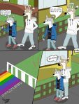  3:4 absurd_res anthro blue_eyes blue_sweatshirt bottomwear canid canine canis cervid clothing comic denim denim_clothing duo english_text footwear green_eyes hi_res jeans lgbt_pride lgtb male male/male mammal meme pants profanity red_clothing red_footwear red_shoes shoes text white_clothing white_footwear white_shoes white_sweatshirt wolf 