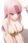  1girl 1other absurdres bikini blunt_bangs breasts cleavage clenched_teeth commentary english_commentary food food_on_body food_on_breasts food_on_face gold_bikini highres holding holding_food holding_popsicle hololive hololive_english large_breasts long_hair mori_calliope pink_eyes pink_hair popsicle seiza side-tie_bikini_bottom sidelocks simple_background sitting solo_focus somebody_(leiking00) straight_hair string_bikini suggestive_fluid swimsuit teeth virtual_youtuber white_background 