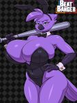 2026 3:4 4_fingers absurd_res anthro avian beak beat_banger big_breasts bird black_background black_bow_tie black_clothing black_suit blush bow_tie breasts bunfan_games bunny_costume checkered checkered_background cleavage clothed clothed_anthro clothed_female clothing costume curvy_figure digital_media_(artwork) eyebrows eyelashes fake_ears fake_rabbit_ears feathers female female_anthro fingers freckled_face freckles front_view green_eyes grey_background hair half-closed_eyes hand_on_hip hand_on_own_hip hi_res holding_baseball_bat holding_melee_weapon holding_object holding_weapon huge_breasts lidded_eyes looking_at_viewer melee_weapon narrowed_eyes navel_outline pattern_background purple_body purple_feathers purple_hair shirt_collar shirt_cuffs simple_background skay_smidyth_samuel solo standing suit tail tail_feathers thick_thighs voluptuous voluptuous_anthro voluptuous_female weapon wide_hipped_anthro wide_hipped_female wide_hips zoe_monroe
