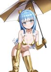  1girl absurdres alternate_costume bikini blue_eyes blue_hair blush breasts commentary cowboy_shot elbow_gloves english_commentary gloves gold_bikini gold_gloves gold_thighhighs golden_week hand_on_own_knee highres holding holding_umbrella hololive hololive_indonesia kobo_kanaeru leaning_forward long_hair looking_at_viewer multicolored_hair navel raikkonen revision simple_background small_breasts solo swimsuit two-tone_hair umbrella virtual_youtuber white_background white_hair 