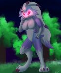 2021 3_toes 5:6 absurd_res anthro blue_body breasts brisky~ canid canine claws detailed_background detailed_foreground digital_media_(artwork) fan_character feet female fur glowing glowing_eyes hair hi_res looking_at_viewer lycanroc mammal midnight_lycanroc multicolored_body multicolored_fur multicolored_hair nintendo pawpads pok&eacute;mon pok&eacute;mon_(species) pose purple_body solo toe_claws toes two_tone_body two_tone_fur video_games white_body white_hair 