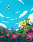  absurdres artist_name brown_eyes budew cloud colored_sclera day english_commentary flying highres juan_(apamaate) no_humans open_mouth petals pokemon pokemon_(creature) pokemon_focus shaymin shaymin_(sky) sky smile tree turtwig yellow_sclera 
