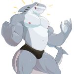  1:1 2021 5_fingers anthro biceps clothed clothing fingers fish grey_body hi_res jrjresq male marine multicolored_body muscular muscular_anthro muscular_male nipples non-mammal_nipples pecs shark simple_background solo speedo swimwear teeth white_body 