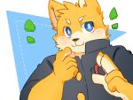  2021 4:3 anthro biped black_nose blue_eyes blush canid canine canis clothing domestic_dog fur green_bell hi_res humanoid_hands kemono male mammal shirt simple_background solo topwear yellow_body yellow_fur 