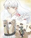  arm_up black_bodysuit bodysuit brown_hair character_request closed_mouth commentary_request creature_request facial_mark forehead_mark freckles fur_shawl highres inuyasha japanese_clothes kimono kohaku_(inuyasha) long_hair male_focus orange_kimono pointy_ears ponytail rin_(inuyasha) sesshoumaru shawl shii_rumic shoulder_spikes slit_pupils spikes split_mouth staff whisker_markings yellow_background yellow_eyes 