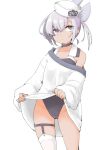  1girl akara_kai black_one-piece_swimsuit clothes_lift commentary_request dace_(kancolle) dark-skinned_female dark_skin dixie_cup_hat garter_straps grey_eyes grey_hair hat highleg highleg_one-piece_swimsuit highres kantai_collection long_hair military_hat one-piece_swimsuit ponytail shirt_lift single_garter_strap single_thighhigh sleeves_past_wrists solo swimsuit swimsuit_under_clothes thighhighs two-tone_one-piece_swimsuit white_hat white_thighhighs 