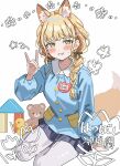  1girl animal_ear_fluff animal_ears arm_support blonde_hair blue_shirt blue_skirt blush braid brown_ribbon commentary_request extra_ears fang fox_ears fox_shadow_puppet fujita_kotone gakuen_idolmaster hair_ribbon highres idolmaster kemonomimi_mode kindergarten_uniform long_hair long_sleeves looking_at_viewer miniskirt name_tag pantyhose ribbon rudee62421 shirt sitting skin_fang skirt smock solo star_(symbol) stuffed_animal stuffed_duck stuffed_toy sweatdrop teddy_bear translation_request white_pantyhose yellow_eyes yokozuwari 