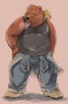  2021 absurd_res anthro aotadobukitch belly black_nose bodily_fluids bottomwear clothing hi_res kemono male mammal overweight overweight_male pants pink_background shirt simple_background solo sweat topwear ursid 