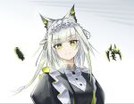  1girl animal_ear_fluff animal_ears arknights artist_name black_jacket black_ribbon blunt_bangs bow bowtie buttons cat_ears cat_girl closed_mouth commentary diagonal_bangs doctor_(arknights) english_commentary frills green_hair grey_background grey_hair highres jacket long_hair looking_at_viewer maid mon3tr_(arknights) mon3tr_(summon)_(arknights) multicolored_hair official_alternate_costume portrait ribbon shirt solo split_mouth streaked_hair traditional_bowtie white_background white_bow white_bowtie white_shirt zobnuy 