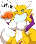  anthro bandai_namco blue_eyes blush breasts canid canine digimon digimon_(species) female food fur hi_res kemojin mammal renamon solo tongue video_games yellow_body yellow_fur 