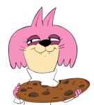  2021 anthro choo-choo_(top_cat) clothed clothing colored cookie dbaru domestic_cat fangs felid feline felis female food fur hanna-barbera happy jellystone_(hbo_max) mammal pink_body pink_fur shirt simple_background smile solo top_cat_(series) topwear white_background 