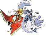  1boy 1girl bandaged_arm bandages bird_wings blunt_bangs blunt_sidelocks commentary_request eyeshadow feathers floating grey_eyeshadow hair_ornament hair_stick hakama hand_on_own_chest harurie highres ho-oh humanization japanese_clothes lizard_tail lugia makeup obi okobo orange_hair pectorals pelvic_curtain platform_sandals pokemon red_eyes sandals sash sidelocks spiked_hair tail updo white_hair wings yellow_feathers 