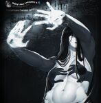  1girl \||/ absurdres areola_slip bags_under_eyes breasts commentary completely_nude double_\||/ english_commentary ghost_girl hair_over_face hair_over_one_eye hand_shadow_covering_breasts_(meme) highres jebjebbz meme navel nude open_hands outstretched_arms pale_skin shadow_censor solo stomach the_ring through_medium toned toned_female tweet twitter_username upper_body yamamura_sadako 