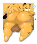  2021 ? absurd_res anthro anus backsack balls bedroom_eyes big_balls big_butt butt butt_focus curvy_figure digital_media_(artwork) domestic_cat felid feline felis fur garfield_(series) garfield_the_cat genitals girly hair hi_res huge_butt looking_at_viewer looking_back lying male mammal narrowed_eyes nude on_front orange_body orange_fur overweight pawpads paws presenting presenting_hindquarters rear_view seductive simple_background sleepyinu slightly_chubby solo sound_effects text thick_thighs voluptuous wide_hips 