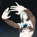  1boy \||/ anaxa_(honkai:_star_rail) arms_up collarbone commentary cracked_skin double_\||/ english_commentary eyepatch hand_shadow_covering_breasts_(meme) highres honkai:_star_rail honkai_(series) long_hair looking_at_viewer male_focus meme nude one_eye_covered outstretched_arms parted_bangs parted_lips quasarus_catt shadow_puppet side_ponytail smile solo toned toned_male twitter_username upper_body yellow_eyes 