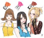  3girls arm_ribbon artist_name bare_shoulders black_eyes black_gloves black_hair black_ribbon blonde_hair blue_cardigan blue_eyes blue_sleeves blush breasts brown_hair brown_leotard brown_sleeves cardigan closed_mouth cosmetics cropped_torso curly_ends detached_sleeves final_fantasy final_fantasy_viii finger_to_mouth gloves green_eyes hand_in_own_hair highres holding_own_wrist jas_(jasjasjasart) jewelry leotard lipstick_tube long_hair medium_breasts multicolored_hair multiple_girls necklace one_eye_closed orange_lips orange_overalls overalls parted_bangs parted_lips pink_lips pink_vest quistis_trepe ribbed_cardigan ribbed_sleeves ribbon rinoa_heartilly selphie_tilmitt streaked_hair updo upper_body vest white_background 