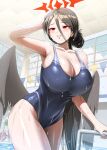  1girl absurdres alternate_costume bare_arms bare_shoulders black_hair black_wings blue_archive blue_one-piece_swimsuit breasts chair cleavage competition_swimsuit cowboy_shot diffraction_spikes double-parted_bangs feathered_wings grin hair_between_eyes halo hand_on_own_head hasumi_(blue_archive) highleg highleg_one-piece_swimsuit highres huge_breasts indoors lifebuoy lifeguard_chair long_hair long_hair_between_eyes looking_to_the_side low_wings mole mole_under_eye one-piece_swimsuit oversized_wings panzaa pool red_eyes red_halo revision school_swimsuit shiny_skin smile solo standing string_of_flags swim_ring swimsuit thighs very_long_hair water_drop wet wet_clothes wet_hair wet_swimsuit wings 