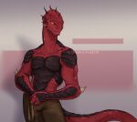 anthro arm_spikes bedroom_eyes clothed clothing divinity:_original_sin_2 elbow_spikes facial_spikes glistening glistening_body glistening_scales jaw_spikes lizard_(divinity) male narrowed_eyes pants_only reptile scales scalie seductive solo spikes spikes_(anatomy) standing starfallhybrid_(artist) the_red_prince topless yellow_eyes 