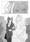  absurdres animal_ears aqua_bow blush bow commentary dress ear_bow ear_ribbon english_commentary faceless greyscale hand_on_another's_arm height_difference high_ponytail highres horse_ears horse_girl mejiro_mcqueen_(umamusume) monochrome multicolored_hair multiple_girls ponytail single_hair_streak streaked_hair suit tapeanna tokai_teio_(umamusume) umamusume wedding wedding_dress wife_and_wife 